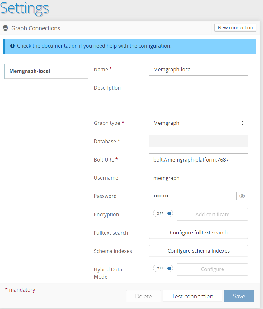 Memgraph and Graphlytic Connection Details